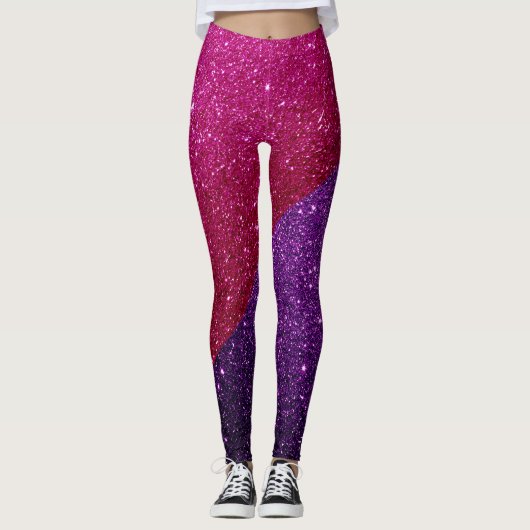 Fuschia Roze en Donkere Paarse Glitter Glam Leggin Leggings (Voorkant)