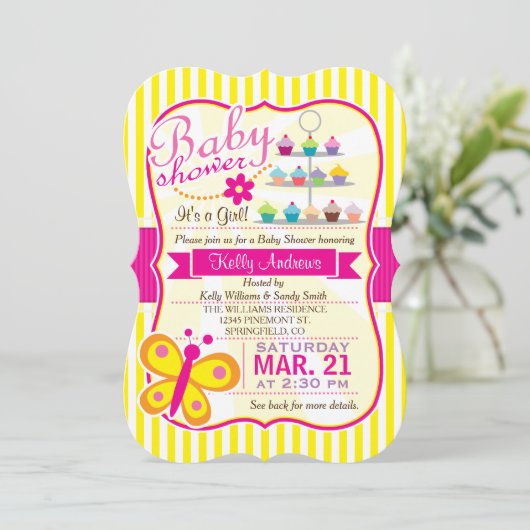 Fuschia Roze en Gele Vlinder Meisje Baby shower Kaart (Staand voorkant)