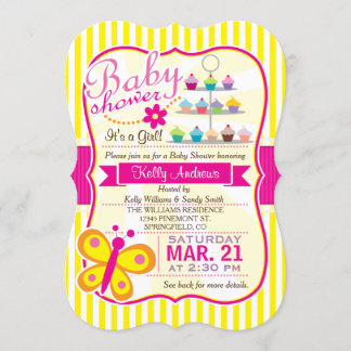 Fuschia Roze en Gele Vlinder Meisje Baby shower Kaart