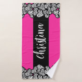 Fuschia roze zwarte witte zebra patroon hartnaam badhanddoek (Badhanddoek)