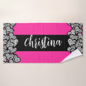 Fuschia roze zwarte witte zebra patroon hartnaam badhanddoek (Badhanddoek)