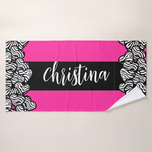 Fuschia roze zwarte witte zebra patroon hartnaam badhanddoek (Badhanddoek)