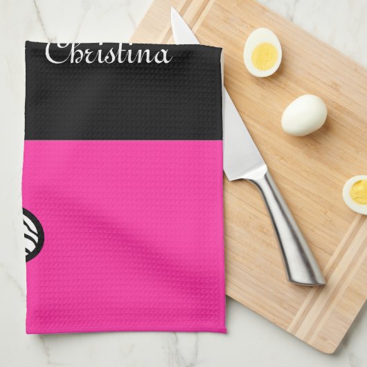 Fuschia roze zwarte witte zebra patroon hartnaam theedoek (Quarter Fold)