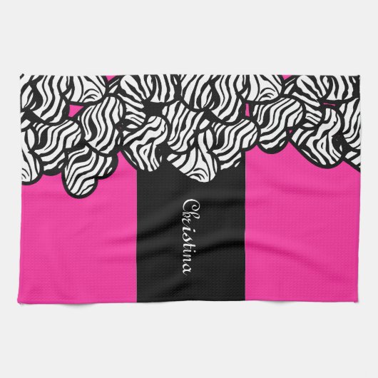 Fuschia roze zwarte witte zebra patroon hartnaam theedoek (Horizontaal)