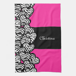 Fuschia roze zwarte witte zebra patroon hartnaam theedoek