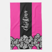 Fuschia roze zwarte witte zebra patroon hartnaam theedoek (Verticaal)