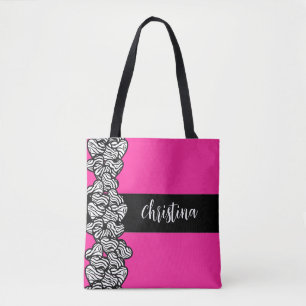 Fuschia roze zwarte witte zebra patroon hartnaam tote bag