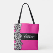 Fuschia roze zwarte witte zebra patroon hartnaam tote bag (Achterkant)