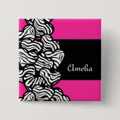 Fuschia roze zwarte witte zebra patroon hartnaam vierkante button 5,1 cm (Voorkant)