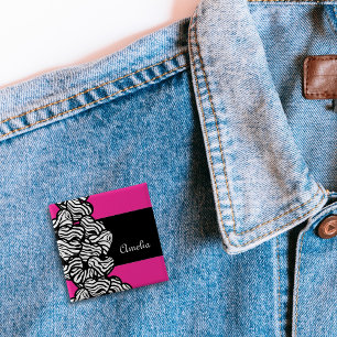 Fuschia roze zwarte witte zebra patroon hartnaam vierkante button 5,1 cm