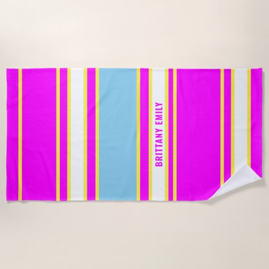 Fuschia Sky Blue Lemon Yellow Stripes Patroon Strandlaken (Voorkant)