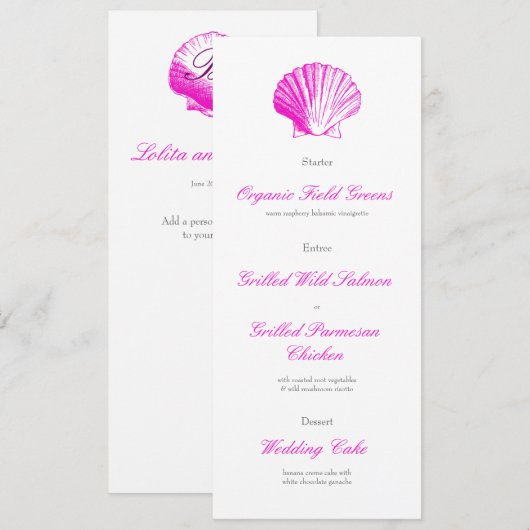 Fuscia Roze Schelp Trouwreceptie Diner Menu Kaart (Voorkant / Achterkant)