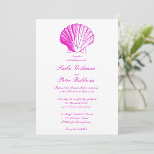 Fuscia Sea Shells Weddenschap Kaart (Staand voorkant)
