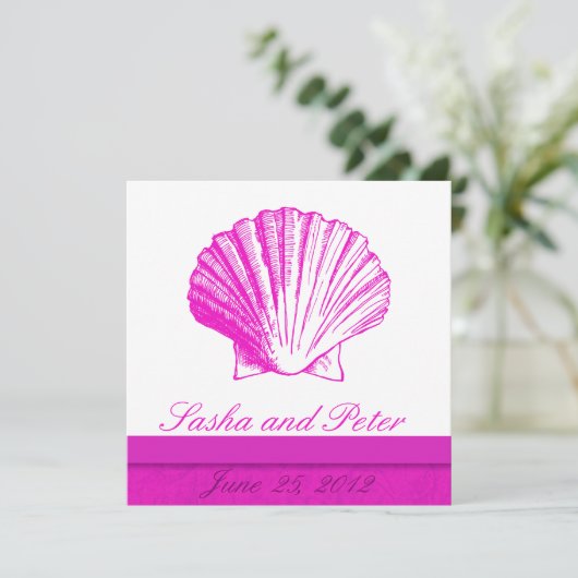 Fuscia Shell Beach Wedding Invitations Kaart (Staand voorkant)