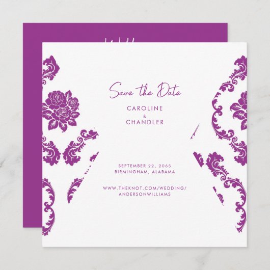 Fushia Damask foto bruiloft bewaart datum Save The Date (Voorkant / Achterkant)