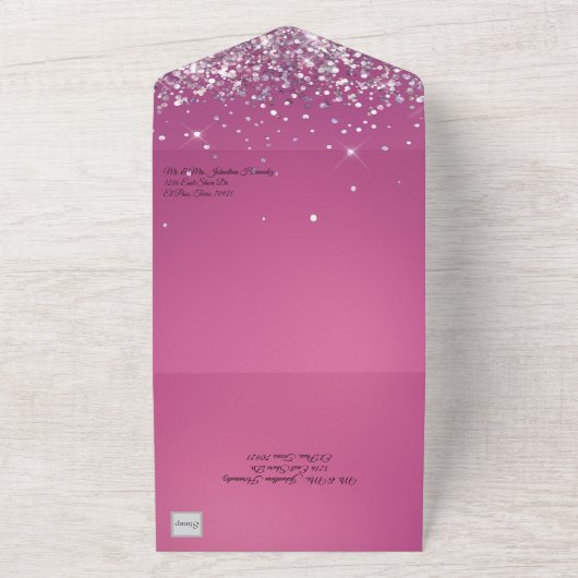 Fushia en Glitter Quinceañera All In One Uitnodiging (Buitenkant)