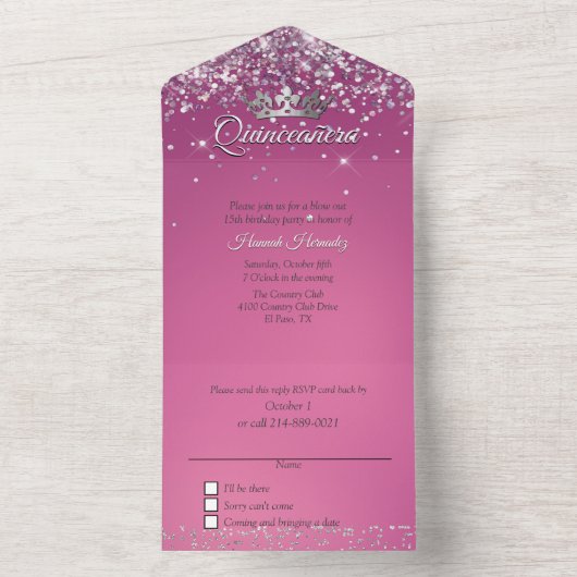 Fushia en Glitter Quinceañera All In One Uitnodiging (Binnen)