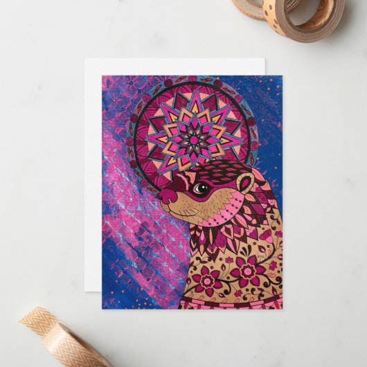 Fushia Floral Otter Notitiekaartje (Voorkant / Achterkant in situ)