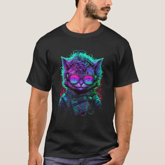 Future Cat Dj Retro Party Cat Dj Synthwave T-shirt (Voorkant)