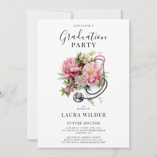 Future Doctor Pink Floral Stethoscoop Afstuderen Kaart (Voorkant)