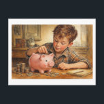 Future financier. Postcard Briefkaart<br><div class="desc">A thrifty boy stacks his coins for saving in a piggy bank.</div>