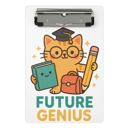 Future Genius - Schattigee kat met schoolbenodigdh Mini Klembord (Voorkant)