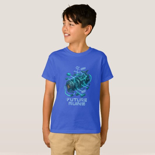 FUTURE RUINS – Glowing Cyber Engine Design T-shirt (Voorkant volledig)