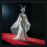 Futuristic Alien Model In Cobweb Gown Perfect Poster<br><div class="desc">A sleek, metallic alien figure walks down a red carpet, its glistening attire illuminated by the lights, evoking a sci-fi or fantasy setting</div>