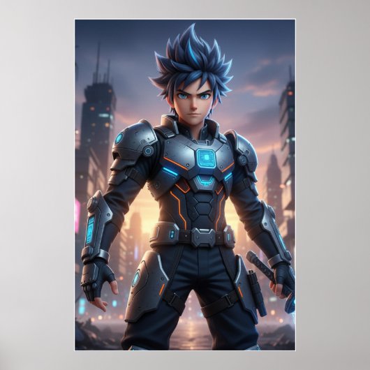 Futuristic Anime Hero – Cyberpunk Warrior Poster (Voorkant)