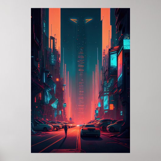 Futuristic City - Cyberpunk - Neon - Illustratie Poster (Voorkant)