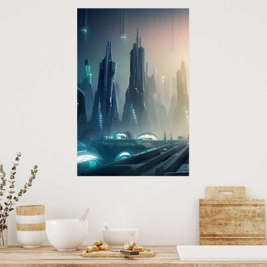 Futuristic City-Poster met digitale kunst #010 Poster (Keuken)