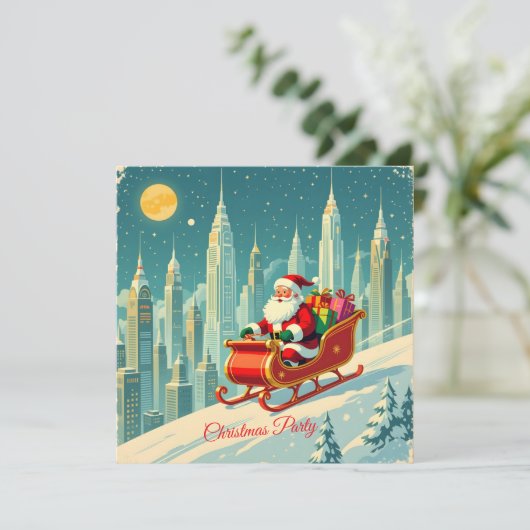 Futuristic City Santa Sleigh Christmas Party SQ Kaart (Staand voorkant)