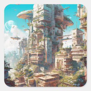 Futuristic City Science Fiction Art Vierkante Sticker