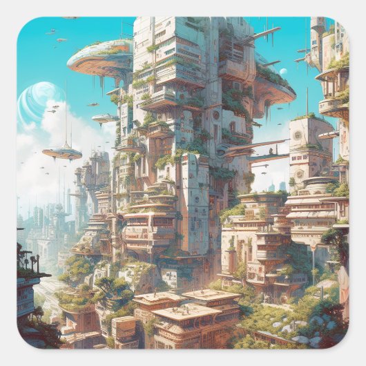 Futuristic City Science Fiction Art Vierkante Sticker (Voorkant)