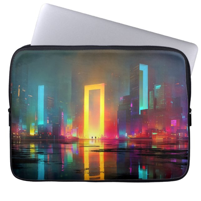 Futuristic City with Radiant Neon Portal Laptop Sleeve (Voorkant)