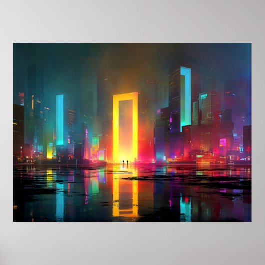Futuristic City with Radiant Neon Portal Poster (Voorkant)