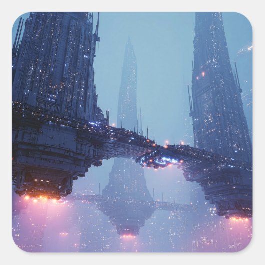 Futuristic Cityscape with Hovering Structures Vierkante Sticker (Voorkant)