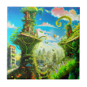 Futuristic Colorful Plant City, door AI gegenereer Tegeltje