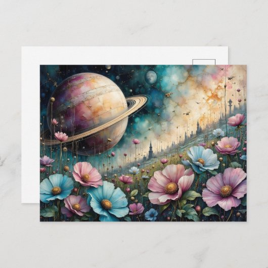 Futuristic Cosmos Flower and Space Briefkaart (Voorkant / Achterkant)