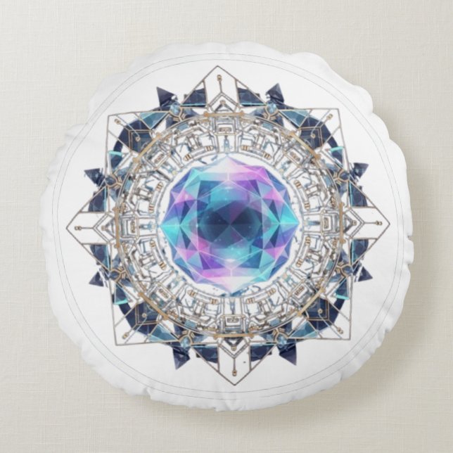 Futuristic Crystal Mandala – Geometric Tech Art Rond Kussen (Voorkant)