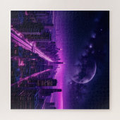 Futuristic Cyberpunk City at Night – Neon Purple Legpuzzel (Horizontaal)