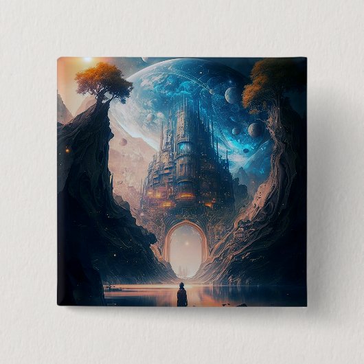 Futuristic Fantasy Castle Landscape Button (Voorkant)