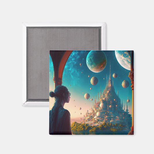 Futuristic Fantasy Castle Landscape Magnet (Voorkant / Achterkant)