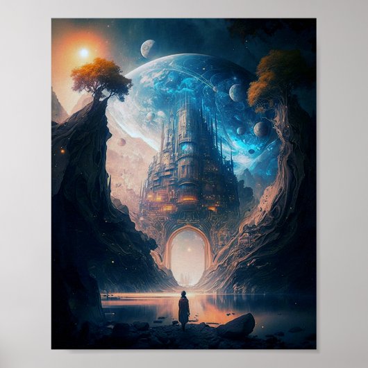 Futuristic Fantasy Castle Landscape Poster (Voorkant)