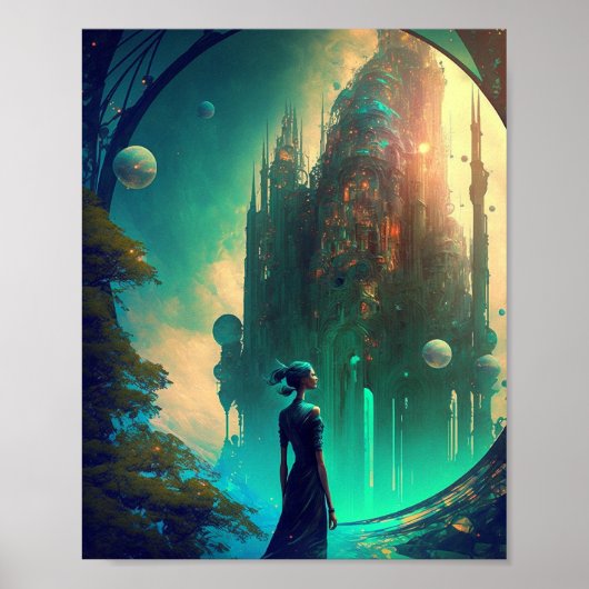 Futuristic Fantasy Castle Landscape Poster (Voorkant)