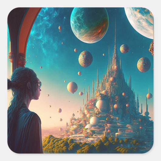 Futuristic Fantasy Castle Landscape Square Sticker (Voorkant)