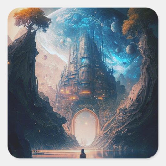Futuristic Fantasy Castle Landscape Square Sticker (Voorkant)