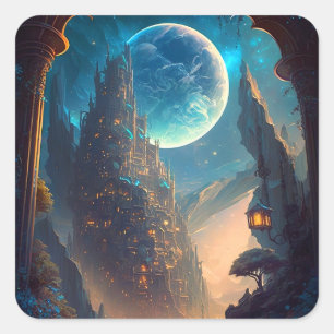 Futuristic Fantasy Castle Landscape Vierkante Sticker