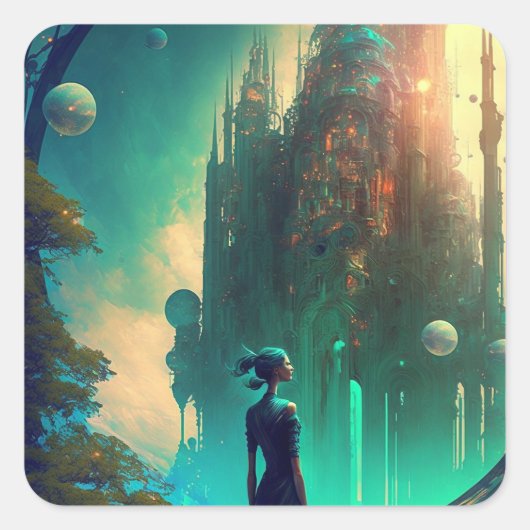 Futuristic Fantasy Castle Landscape Vierkante Sticker (Voorkant)