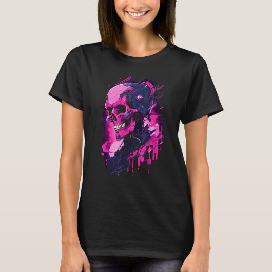 Futuristic GlitchRobot Skull Cyberpunk Vaporwave T T-shirt (Voorkant)